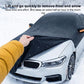 Hand lifting a dark car half cover over the front grille, with orange accent strip.