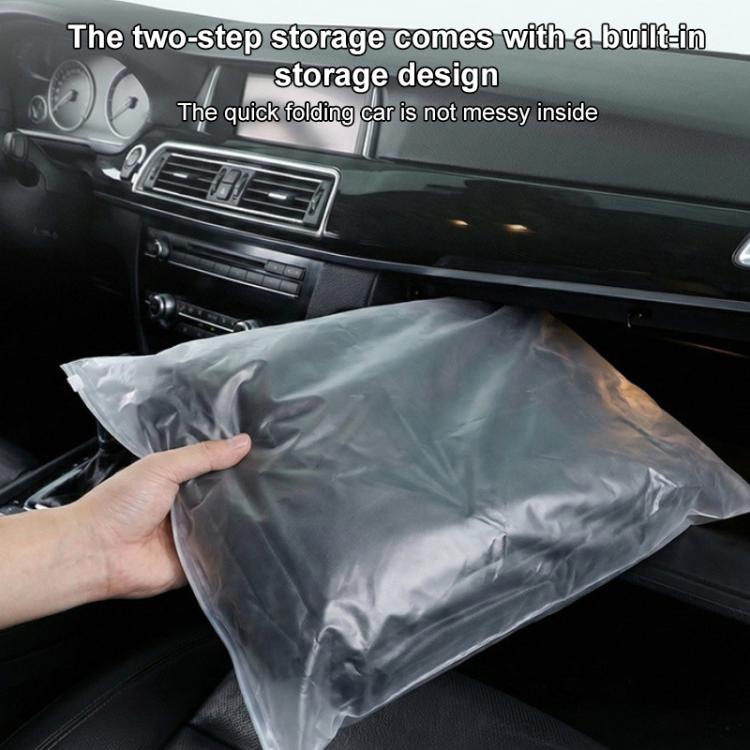 Folded storage pouch for the car cover, light gray protective bag in the vehicle.