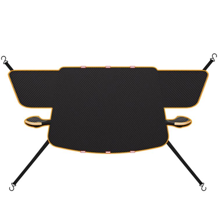 Black car windshield half cover with orange trim and hook straps