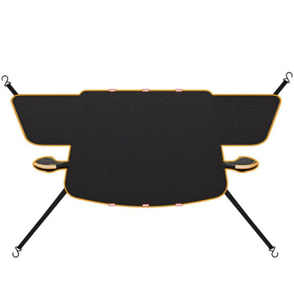 Black car windshield half cover with orange trim and hook straps