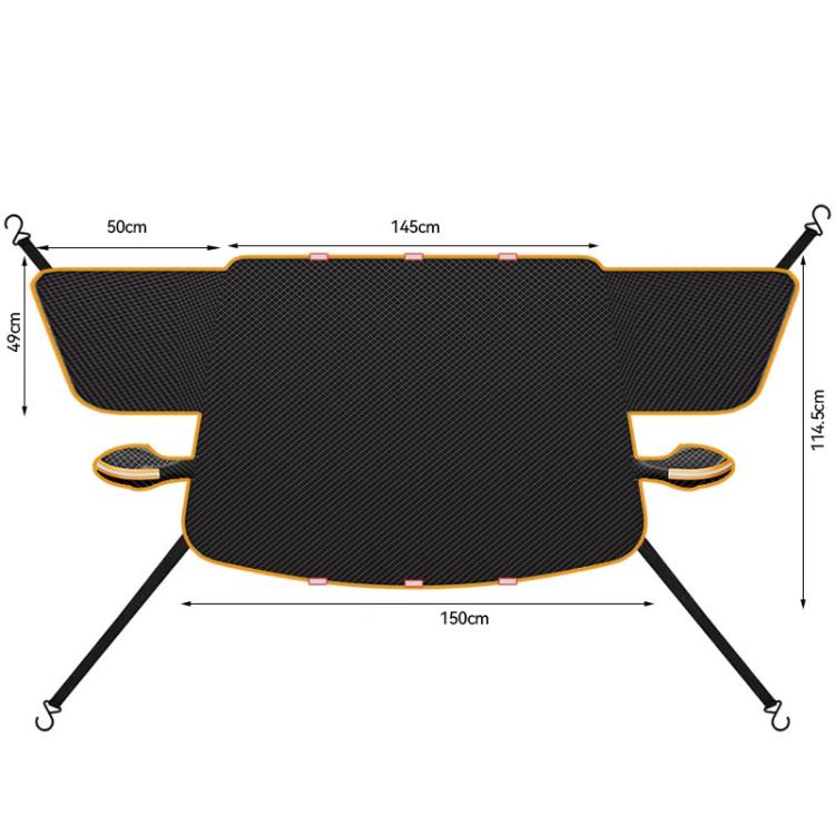 Black car windshield half cover with orange trim and size measurements