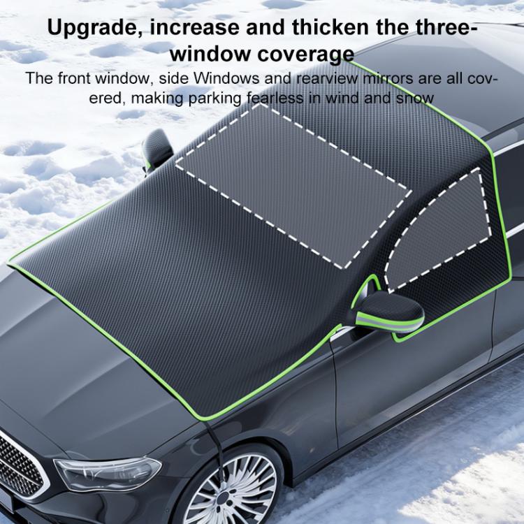 Black car windshield half cover with green trim on car hood