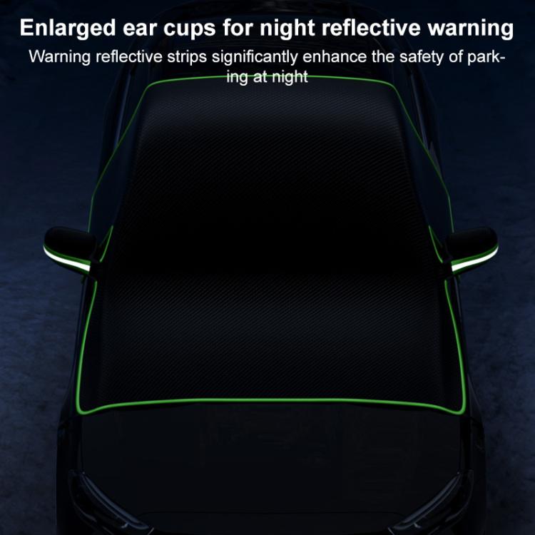 Black car windshield half cover with green outline and reflective strips