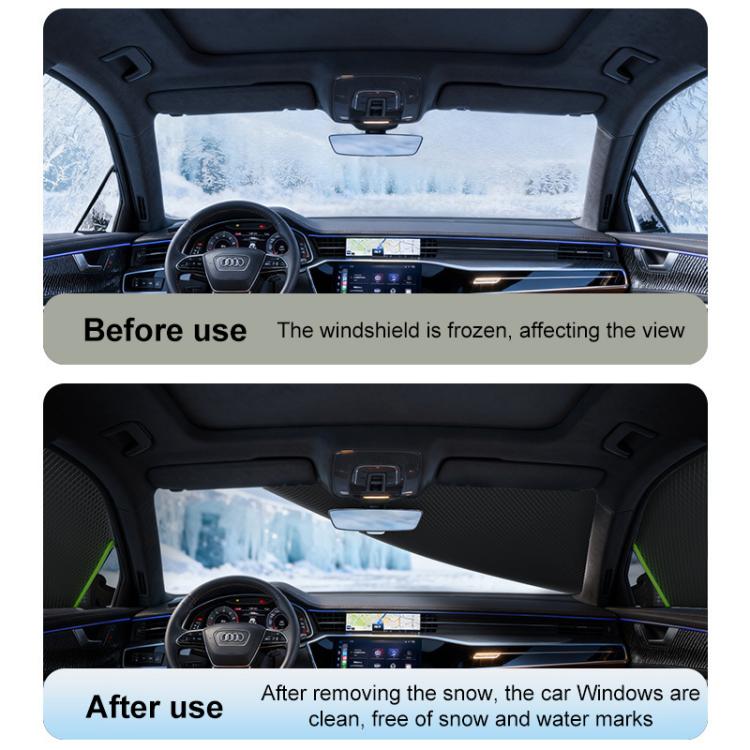 Black car windshield half cover shown before and after snow removal