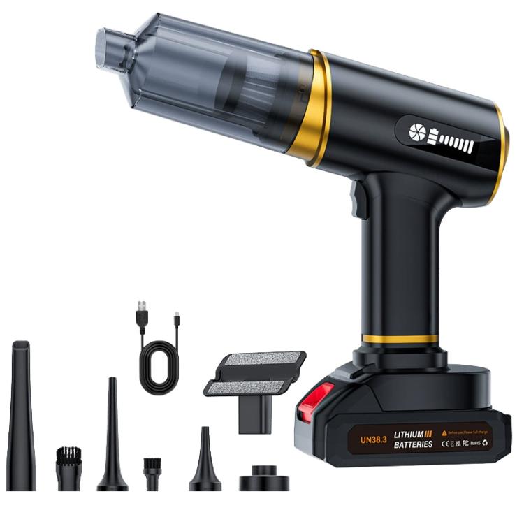Handheld car vacuum blower, black with gold accents, detachable battery and tool nozzles