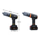 Handheld cordless vacuum with detachable battery, size diagram, black with gold and orange accents