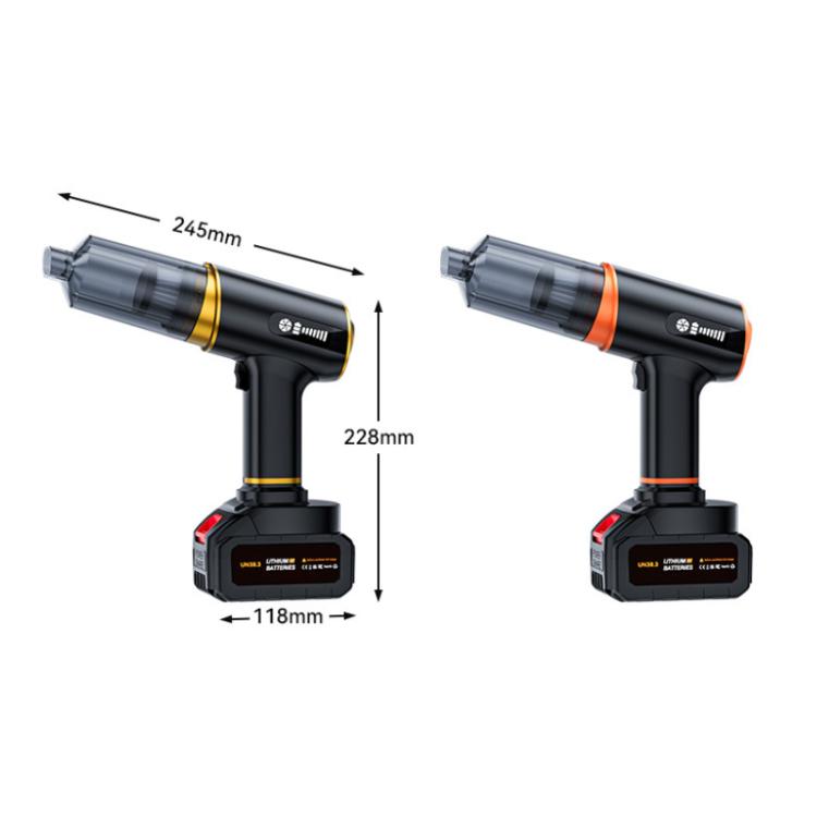 Handheld cordless vacuum with detachable battery, size diagram, black with gold and orange accents