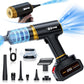 Black handheld vacuum blower with gold accents, transparent dust chamber and included nozzles