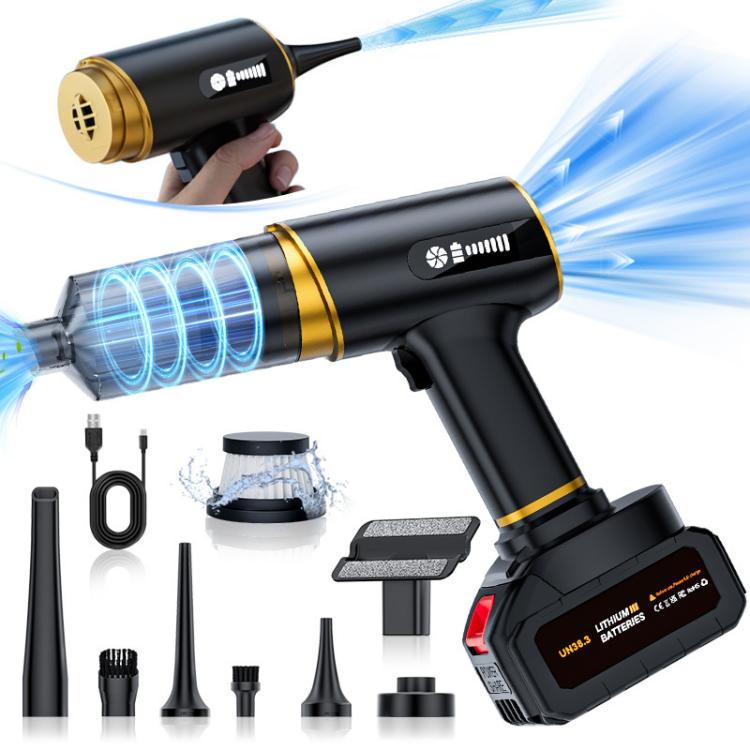 Black handheld vacuum blower with gold accents, transparent dust chamber and included nozzles