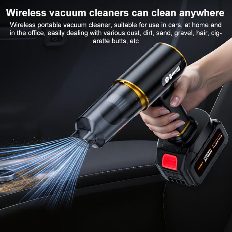 Handheld cordless vacuum blower, black with gold accents, detachable battery and nozzle tools