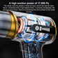 Cordless handheld vacuum blower, cutaway airflow view with blue fan lights, black and gold accents
