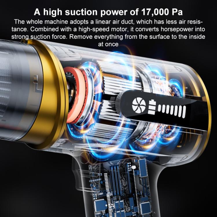 Cordless handheld vacuum blower, cutaway airflow view with blue fan lights, black and gold accents