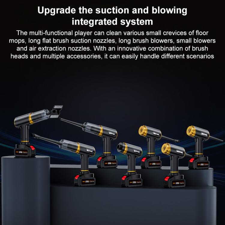 Cordless vacuum blower kit with multiple detachable nozzle attachments, black with gold accents