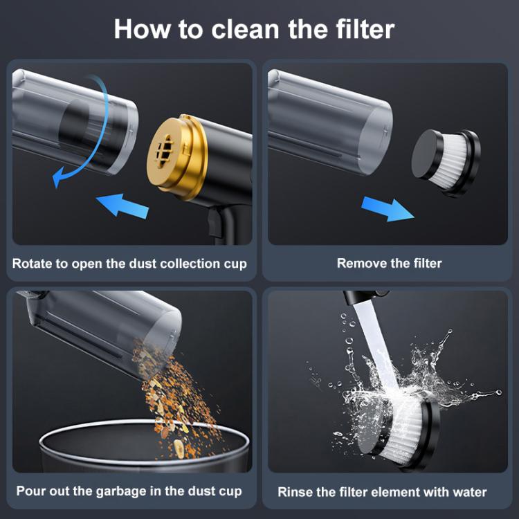 Handheld car vacuum cleaner showing detachable filter and dust cup nozzle.