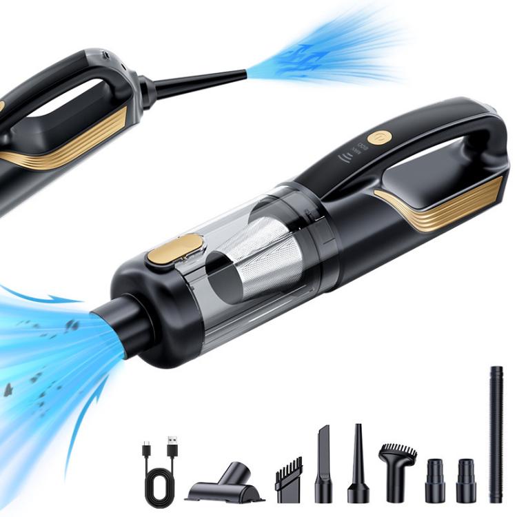 Black handheld wireless car vacuum with blower nozzle and gold-trim attachments