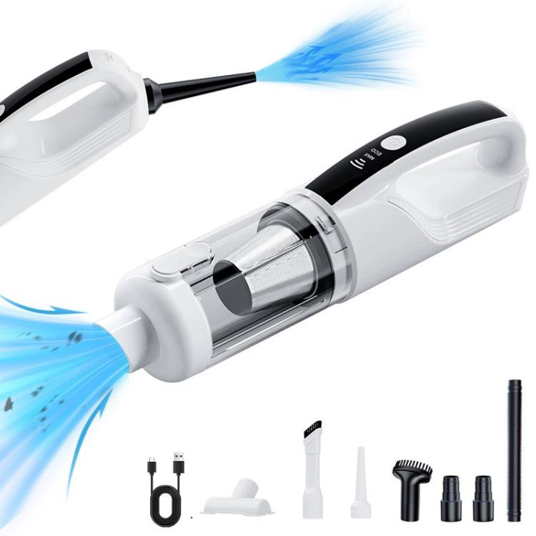 White handheld wireless car vacuum with blower nozzle and gold-trim attachments