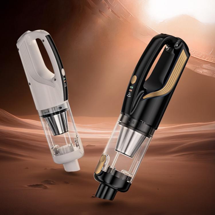 Black and white handheld vacuum cleaner with clear dust chamber and metal tube