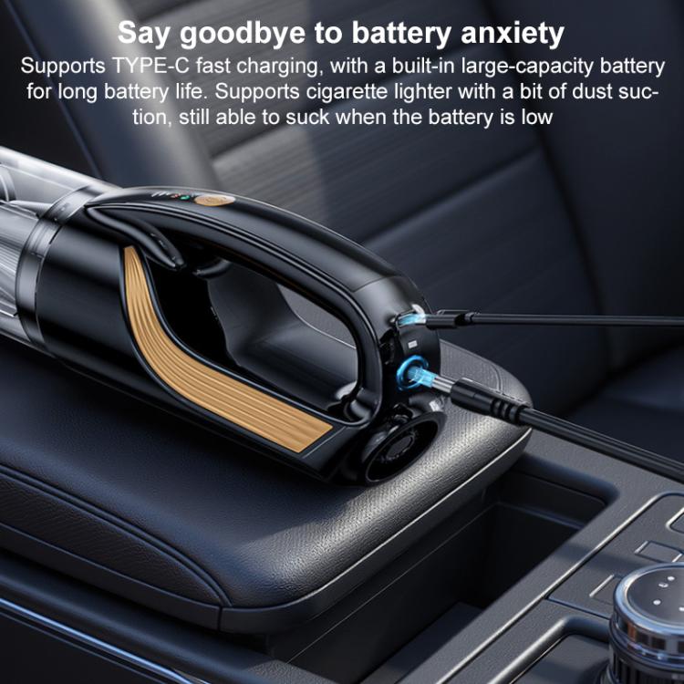 Black handheld car vacuum cleaner with charging cable and blower intake nozzle