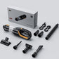 Black handheld car vacuum cleaner with gold trim; included nozzles and brush attachments.