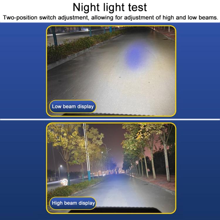 Square LED work light showing low and high beam illumination on the ground