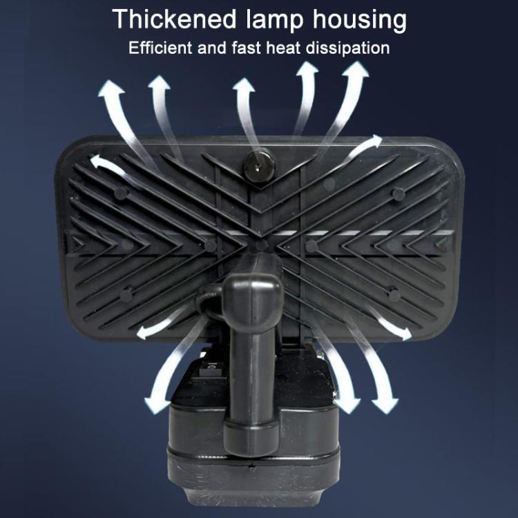 Square black LED emergency work light with heat-dissipating fins and centered lamp head