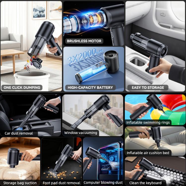 Handheld cordless car vacuum cleaner with attachment heads and blue airflow effect