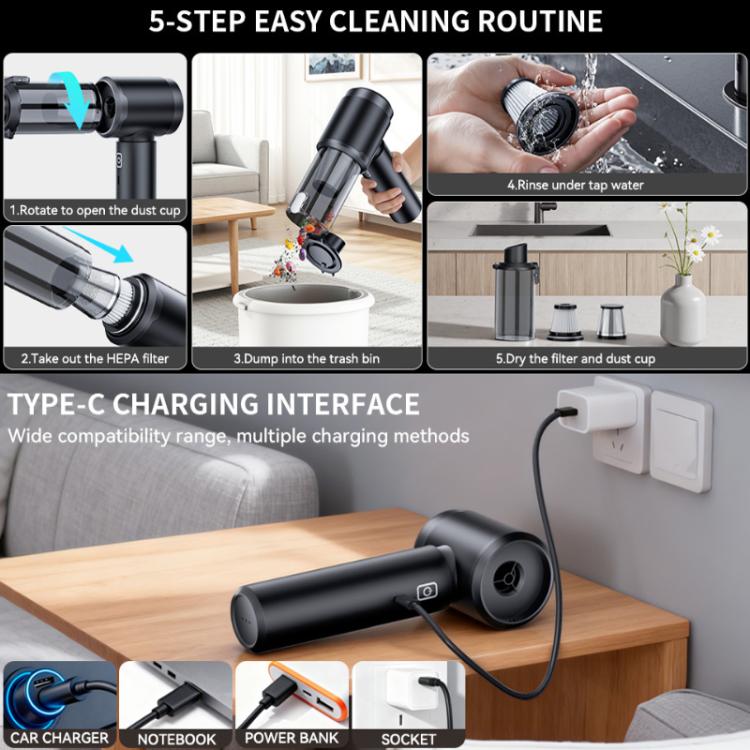 Handheld cordless vacuum cleaner with Type-C charging cable and nozzle attachment