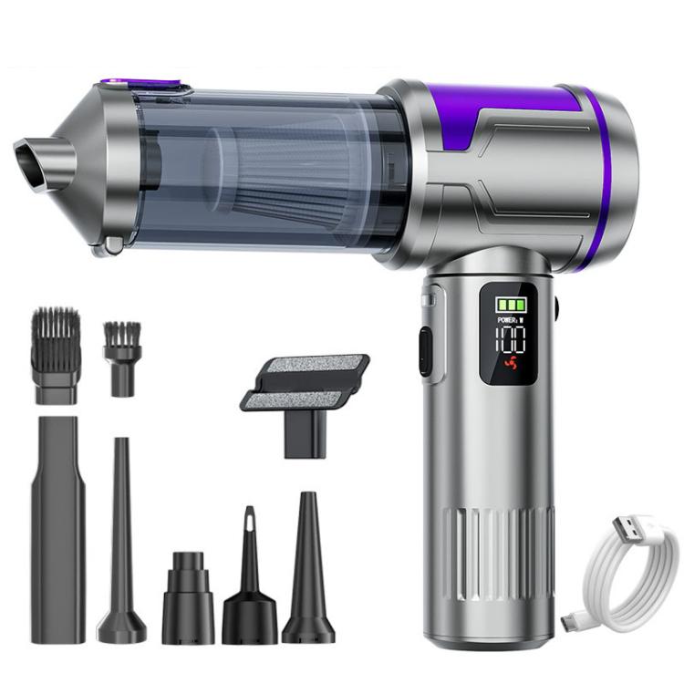 Handheld car vacuum cleaner with purple accents, digital display, and multiple nozzle attachments