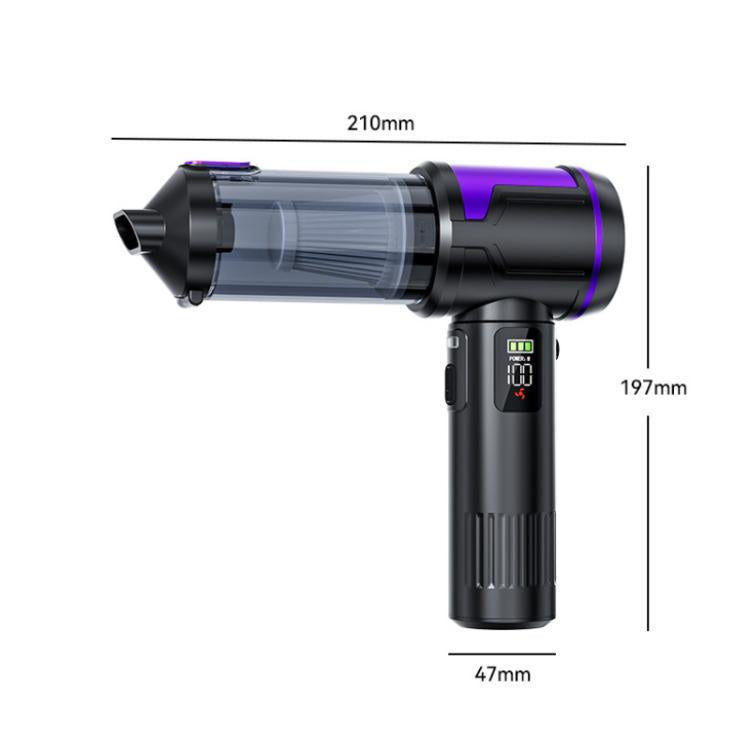 Handheld vacuum cleaner with digital screen showing settings, silver and purple design