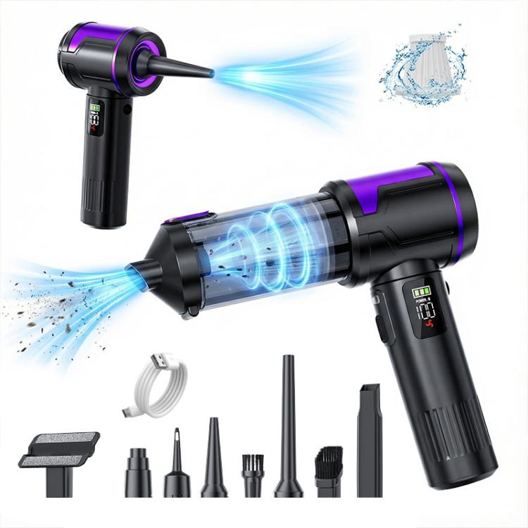 Handheld cordless vacuum cleaner with purple nozzle ring and visible dustbin, car cleaning tool