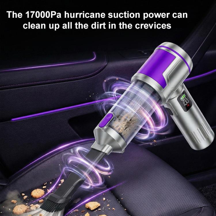 Handheld vacuum cleaner with spinning suction nozzle, purple trim and transparent dustbin
