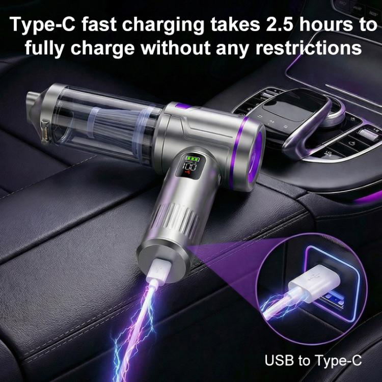 Handheld vacuum cleaner with USB charging cable and purple accent ring, on car seat