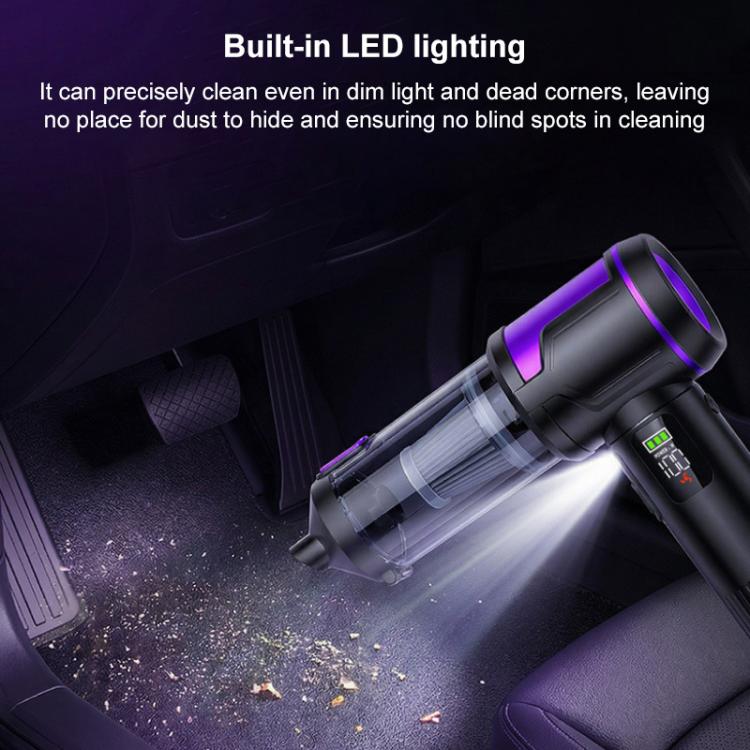 Handheld vacuum cleaner with built-in LED light glow and purple accent trim