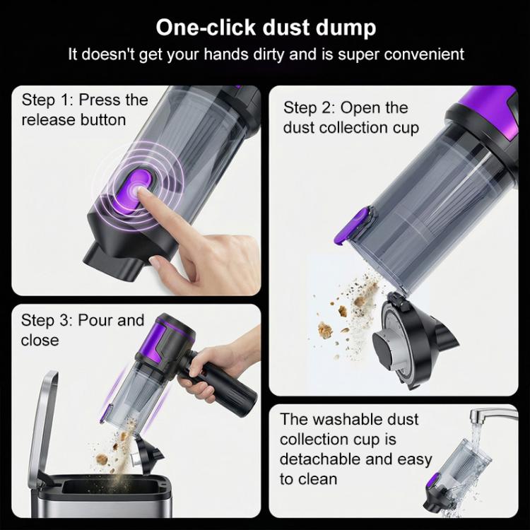Handheld vacuum cleaner dust cup shown detachable, purple ring and transparent container