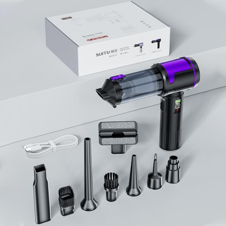 Handheld car vacuum cleaner kit in box with purple accents, accessories and charging cable