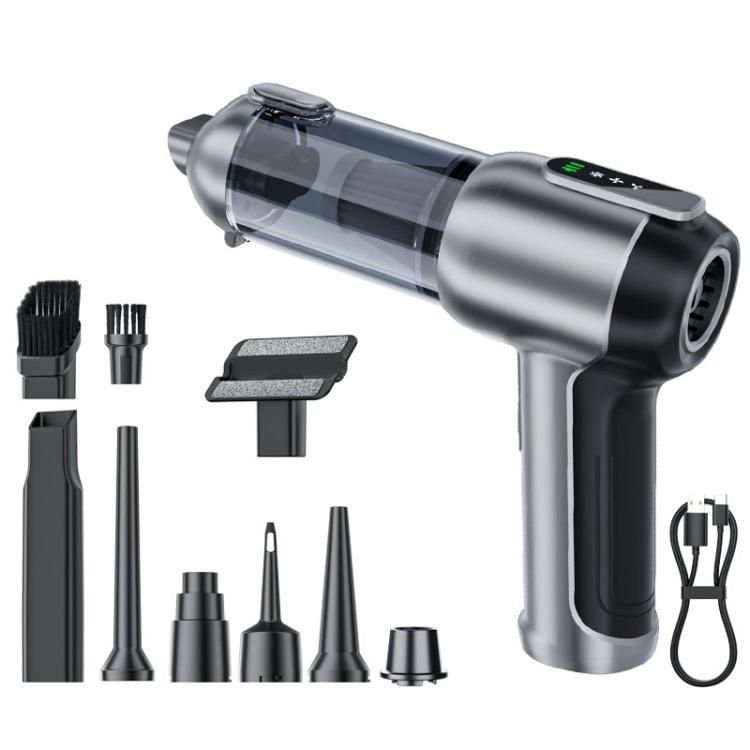 SUITU portable car vacuum cleaner with silver-gray body and clear dust bin