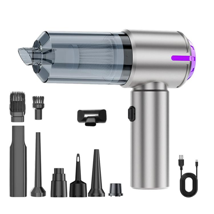 Portable handheld car vacuum cleaner, silver with purple accents and nozzle set