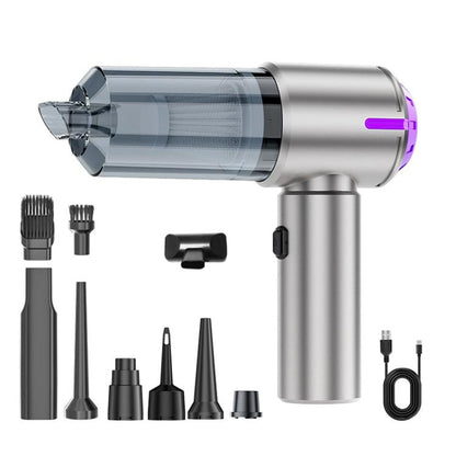 Portable handheld car vacuum cleaner, silver with purple accents and nozzle set