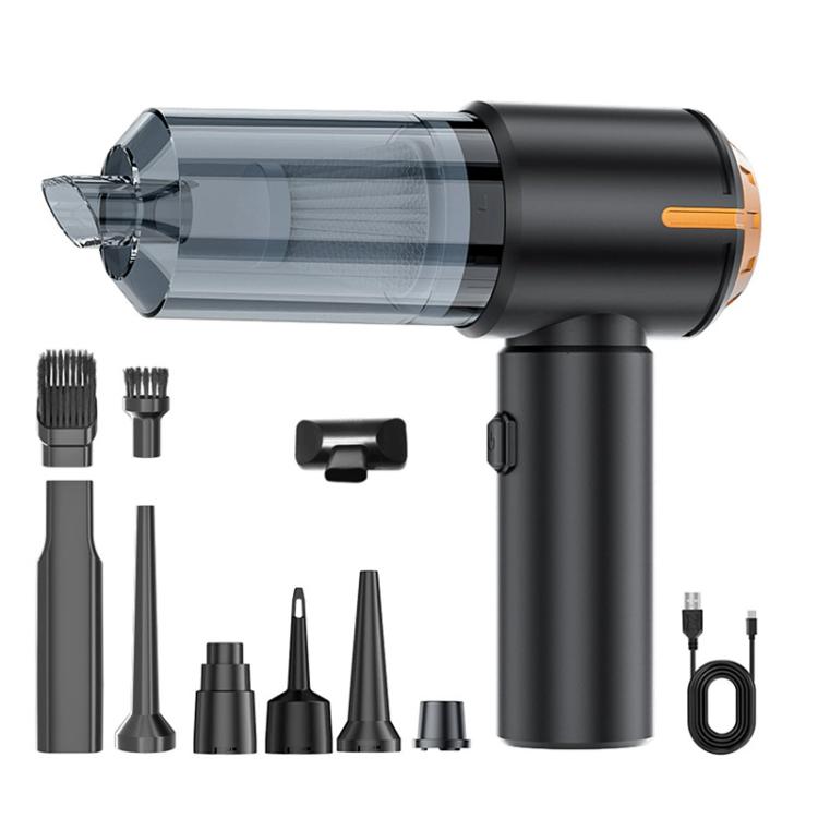 Portable handheld car vacuum cleaner, black with orange accents and nozzle set