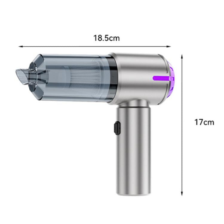 Portable handheld car vacuum cleaner, silver body with purple accent; size shown