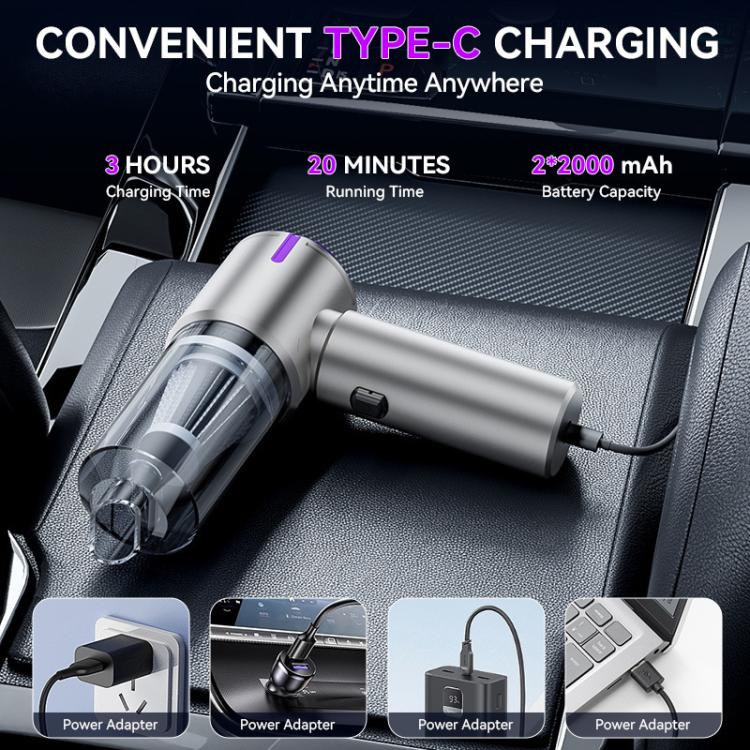 Portable handheld car vacuum cleaner with Type-C charging cable, silver with purple