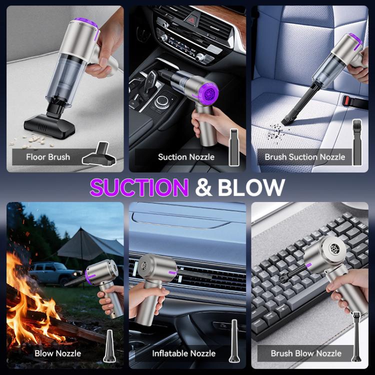 Portable handheld car vacuum cleaner with purple accents and multiple cleaning attachments