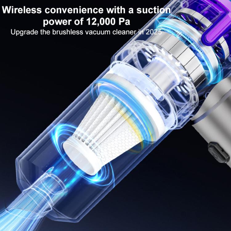 Portable handheld car vacuum cleaner with transparent cyclone filter and purple accents