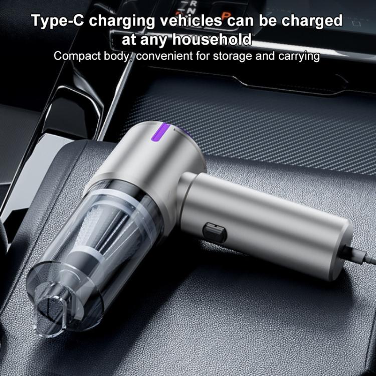 Portable handheld car vacuum cleaner with silver body and purple button accent