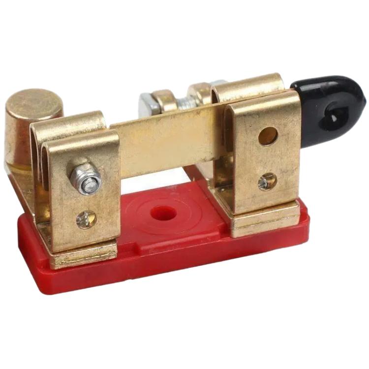 Brass negative battery disconnect knife switch, black insulated handle, red base
