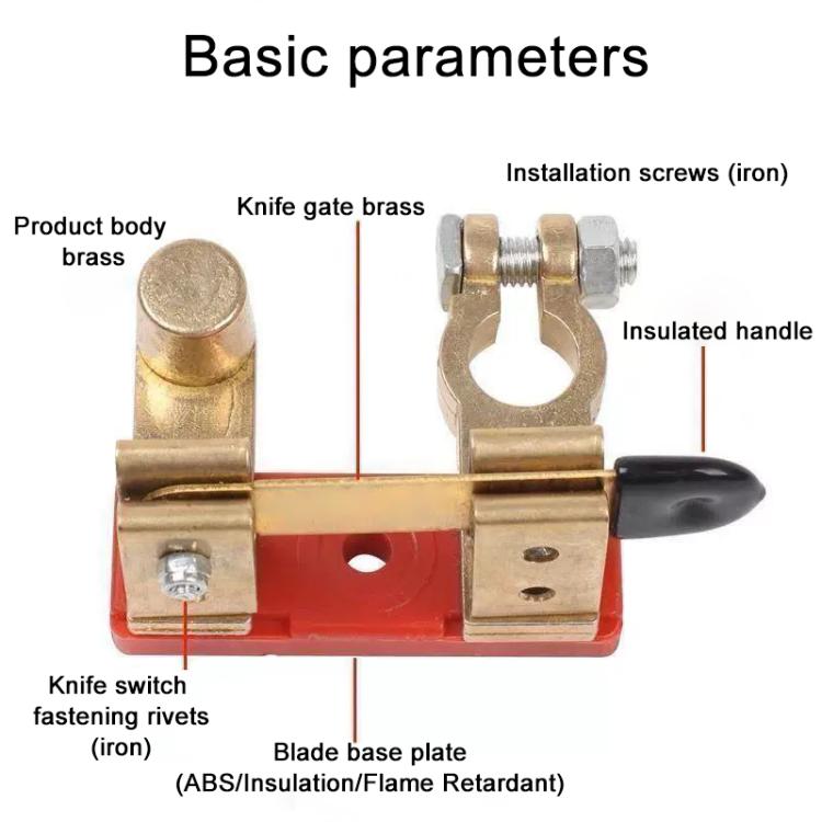 Brass knife battery disconnect switch with insulated handle, mounting screws, red base