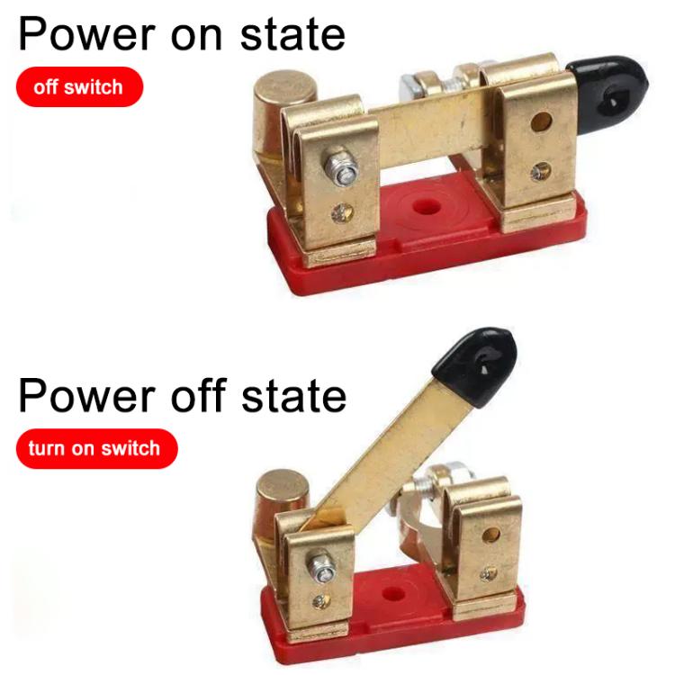 Negative battery disconnect switch with knife blade in on/off positions, red base
