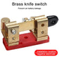 Brass negative battery disconnect knife switch with black handle and screw holes, red base