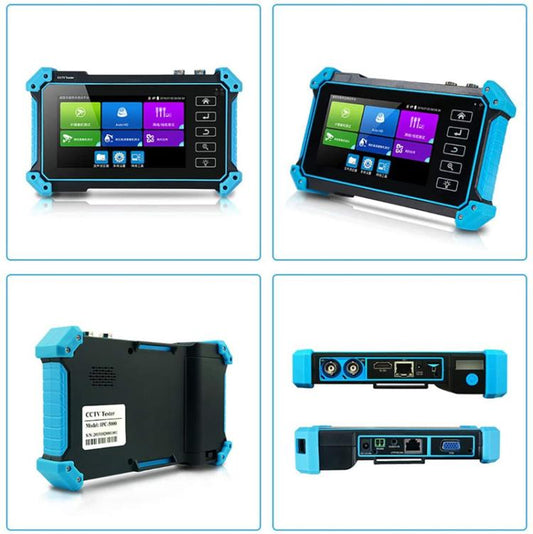 Handheld video surveillance tester showing front, back, and side port views