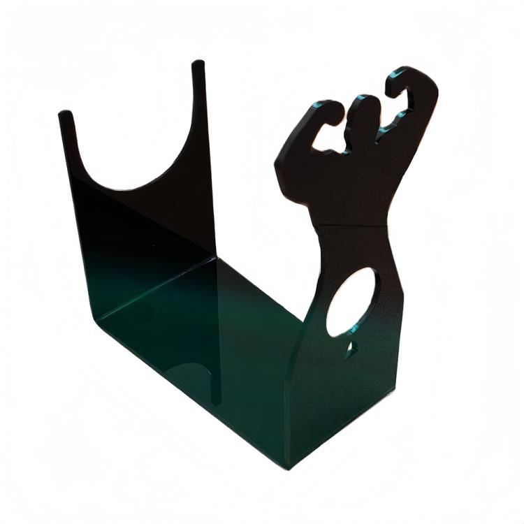 Black acrylic wine rack display stand with curved bottle rests and woman silhouette